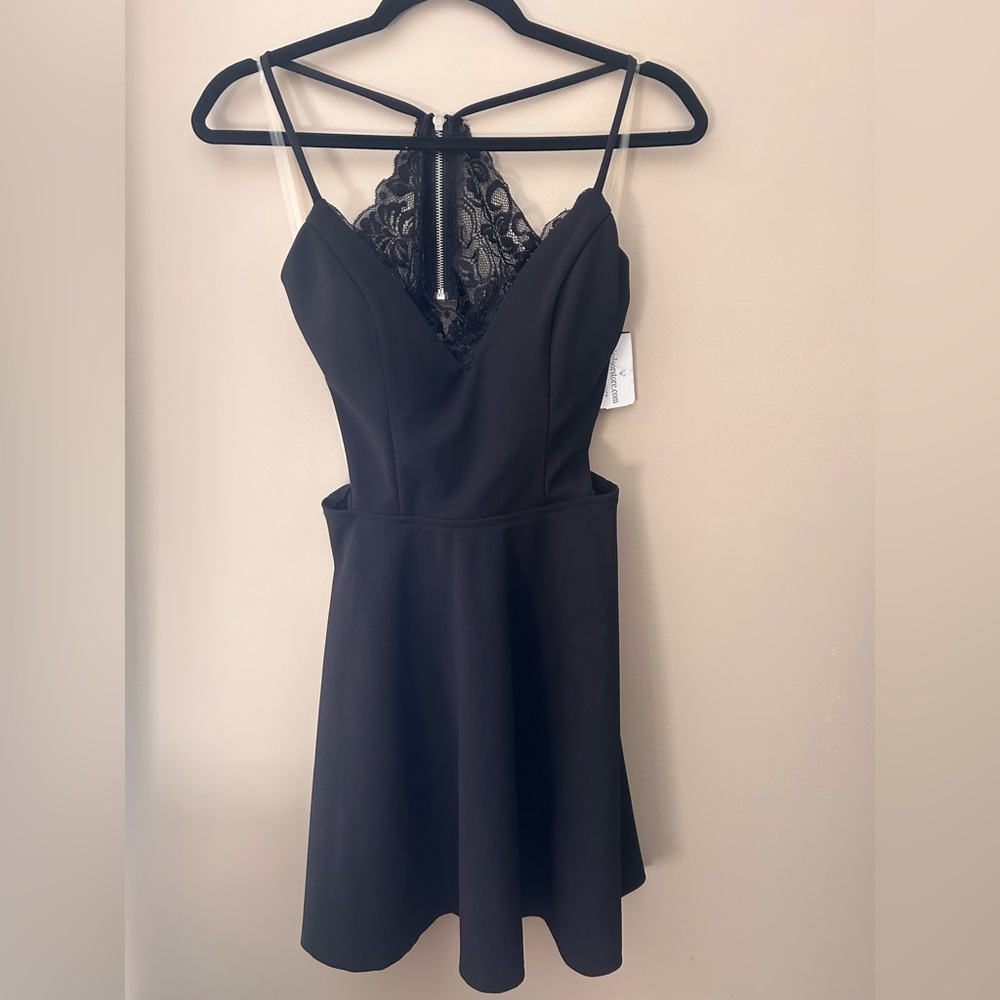 Women's Black Cutout Lace-Trim A-Line Skater Dress
